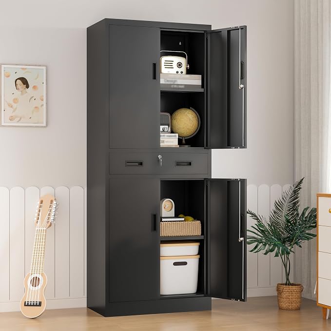 Wanfu Metal Storage Cabinet, 71" H x 28" W x 16" D Locking Storage Cabinet with Adjustable Shelves and 1 Drawer, Steel Cabinet for Office, Garage, Home, School, Utility (Black)