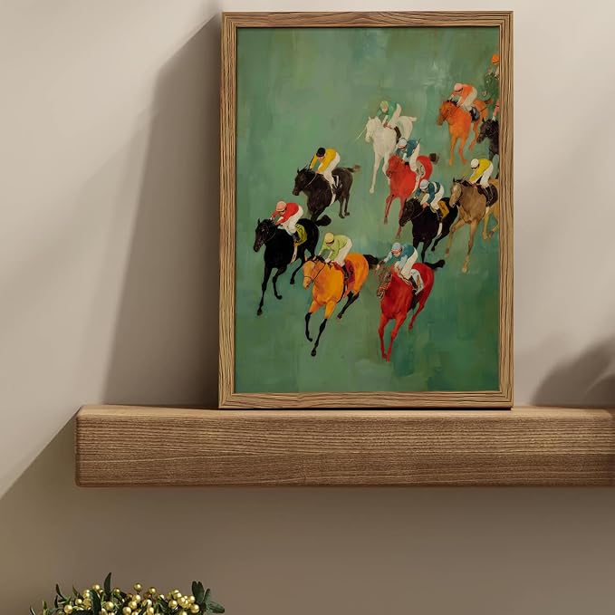 Framed Vintage Abstract Wall Art, Retro Horse Racing Scene Poster Prints, Modern Classic Equestrian Canvas Artwork, Energetic Vibrant Sports Wall Decor for Living Room Office Game Room 12x16in