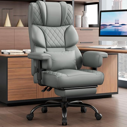 Vonesse Big and Tall Office Chair, Desk Chair with Soft Adjustable Armrests, Ergonomic High Back Gaming Chair with Lumbar Support, Executive Computer Chairs with Footrest (PU Leather, Gray)