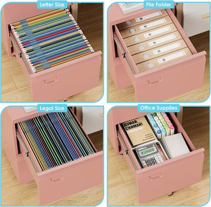 Aobabo Rolling File Cabinet with Lock,2 Drawer Metal Filing Cabinet for Home Office & Under Desk, Heavy-Duty Mobile Storage with 5 Wheels (Anti-Tilt), Fits Letter/Legal,Pink,Required Assembly