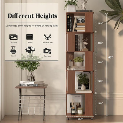 5 Tier Solid Wood Rotating Bookshelf Tower on Wheels, 360° Upgrade Spinning Book Shelf, Revolving Bookcase Organizer, Swivel Bookshelves for Small Spaces, Corner, Bedroom, Kids Room, Office (Brown)