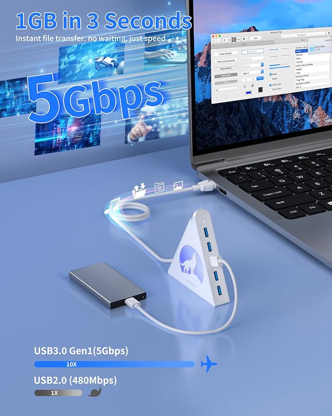 7 Port USB Hub, JoyReken USB 3.0 Hub with 2 FT Long Cable, Vertical USB Extension Hub for Laptop, MacBook, Flash Drive, XPS, PC, Flash Drive, Game Console, Printer, Camera,Keyborad, Mouse (White)