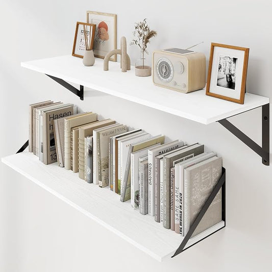 Heimlove White Deep Floating Shelves for Wall, 30W x 8D Wood Wall Shelves Set of 2, Wide Floating Bookshelf for Living Room, Kitchen, Office, Bedroom and Decor Storage, with Black Bracket - White