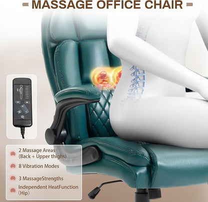 Massage Office Chair,500LBS Ergonomic Rocking Executive Desk Chairs with 4 Points Vibration&Heat,Padded Flipup Armrests for Big and Tall Office Chair,Swivel Computer Chair PU DarkGreen