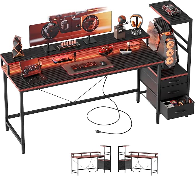 Mericonia 60 inch Gaming Desk with LED Lights & Power Outlets, Reversible Computer Desk with Storage Drawers & Monitor Stand, Large Gaming Table for Home Office