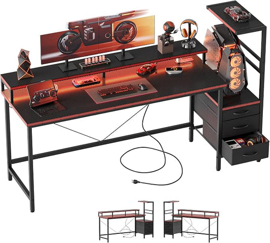 Mericonia 60 inch Gaming Desk with LED Lights & Power Outlets, Reversible Computer Desk with Storage Drawers & Monitor Stand, Large Gaming Table for Home Office