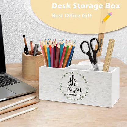 Christian Easter Pen Holder Organizer Desk Decor, He Is Risen Easter Decor, Matthew 28:6 Bible Verse Religious Wooden Pen Pencil Holders for Home Office Desk Accessories