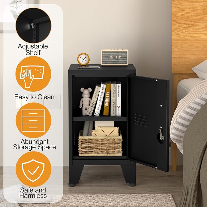 24.5"H Metal Locker Storage Cabinet with Lock - Small Lockable Employees Locking Cabinet Steel Locker Adjustable Shelf & Feet, Single Door Lockable Cabinet for Home, School, Office, Gym (Black)