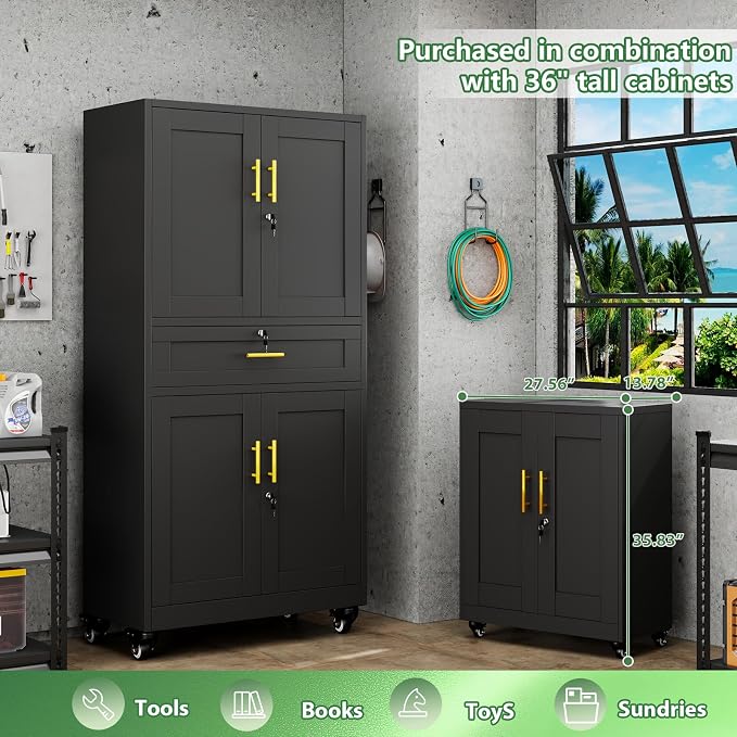 Black Metal Storage Cabinet, 71" Tall Locking Storage Cabinet with 2 Adjustable Shelves, Steel Locker Organizer, for Office, Home, School