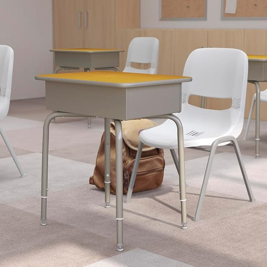 Flash Furniture Billie Student Desk - Maple Open Front School Desk - Silver Metal Frame - 24"W x 18"D Adjustable Height, Durable for School or Remote Learning