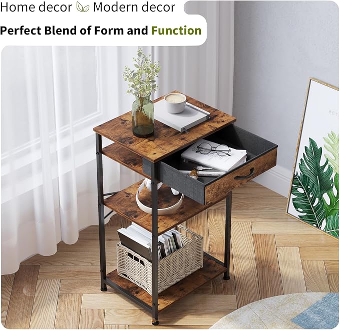Small Printer Stand with Fabric Drawer & Storage Side Table | Sturdy compact build, works as nightstand end table & accent table. Ideal for bedroom living room & home office daily storage