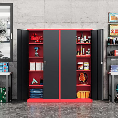 Fesbos Metal Storage Cabinet-72” Tall Steel File Cabinets with Lockable Doors and Adjustable Shelves-Black&Red Steel Storage Cabinet for Kitchen, Office, Garage