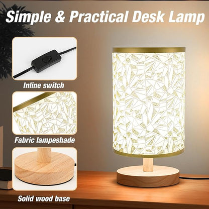 Desk Lamp LED Bulb Included, Small Bedside Table Lamp Plug-in - Classic Wood Base with Flaxen Fabric Shade, Lamps for Night Stands, Simple Nightstand Light for Bedroom, Office, Desk
