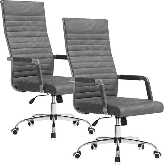 Furmax Ergonomic Office Desk Chair, Executive Ribbed Mid-Back PU Leather Conference Room Chair Adjustable Swivel Chair with Arms (2, Bicolor Vintage Grey)