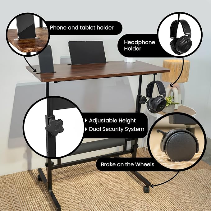 Small Rolling Desk with Wheels, Adjustable Height 27"-43.3" Portable Standing Desk, 31.5"x15.7" Tabletop, Mobile Laptop Computer Table for Home Office Workstation, Rustic Brown