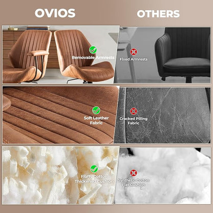 ovios Ergonomic Office Chair, Mid Back Faux Leather Executive Chairs with Armrests, Comfy Mid-Century Modern Swivel Rolling Computer Armchair (Brown, Suede Leather)