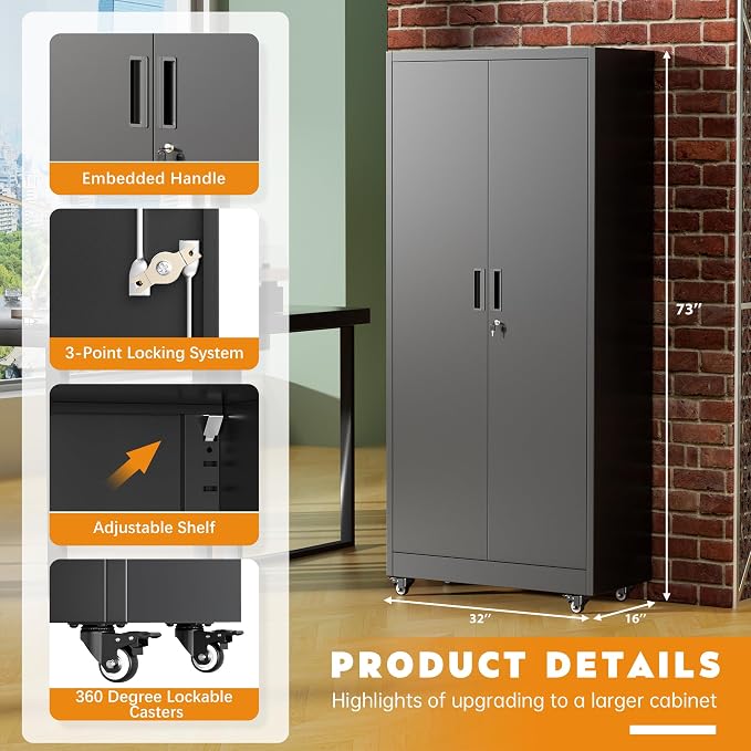 Greenvelly 73" Metal Storage Cabinet with Wheels, Lockable Rolling Metal Garage Cabinets with 2 Doors and 4 Adjustable Shelves, Rolling Tool Cabinet for Garage, Home Office, School
