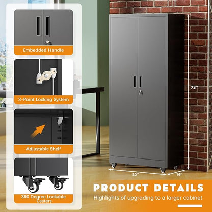 Greenvelly 73" Metal Storage Cabinet with Wheels, Lockable Rolling Metal Garage Cabinets with 2 Doors and 4 Adjustable Shelves, Rolling Tool Cabinet for Garage, Home Office, School
