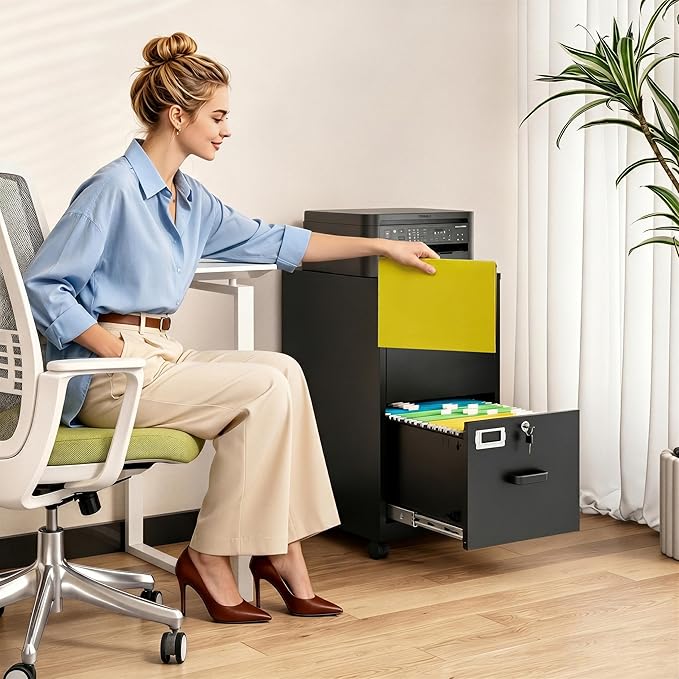 BYNSOE 2 Drawers File Cabinet with Lock Metal Vertical File Cabient with Wheels Mobile File Cabinet for Office Home Legal/Letter/a4 Size Require Assembly