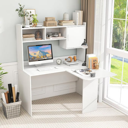 Giantex L Shaped Desk with Hutch, White Corner Desk with Storage Shelf & Cabinet, Laptop PC Table Gaming Computer Table Workstation, Modern Executive Study Writing Desk for Home Office, Bedroom