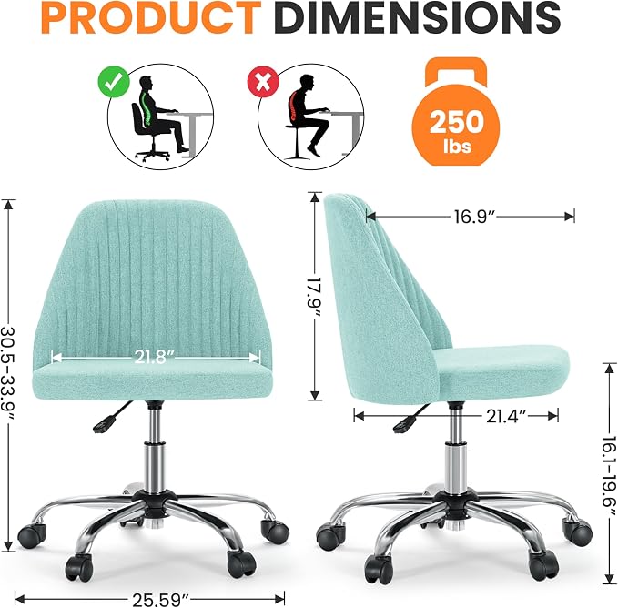 Simple Deluxe Armless Office Desk Chair, Modern Cute Swivel Vanity Chair Comfy Home Office Chairs with Wheels Height Adjustable Rolling Computer Task Stools for Living Room, Make-up, Bedroom, Teal