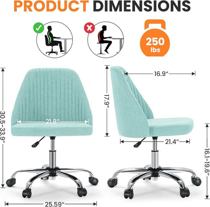Simple Deluxe Armless Office Desk Chair, Modern Cute Swivel Vanity Chair Comfy Home Office Chairs with Wheels Height Adjustable Rolling Computer Task Stools for Living Room, Make-up, Bedroom, Teal