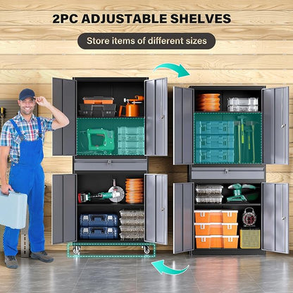 Metal Storage Cabinet with Doors and Shelves,Garage Storage Cabinets with Lock and Drawer,Metal Cabinet with Locking Doors,4 Door Steel Cabinet,71" Tall Lockable Cabinets for Garage,Home,Office