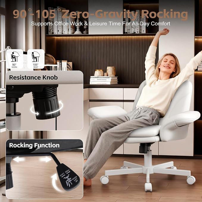 Vonesse Criss Cross Office Chair with Wheels & Armrests, Height Adjustable Vanity Chair, Makeup Chairs with Side Pockets Design, Comfortable Computer Desk Chairs for Home (PU Leather,White)