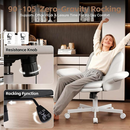 Vonesse Criss Cross Office Chair with Wheels & Armrests, Height Adjustable Vanity Chair, Makeup Chairs with Side Pockets Design, Comfortable Computer Desk Chairs for Home (PU Leather,White)