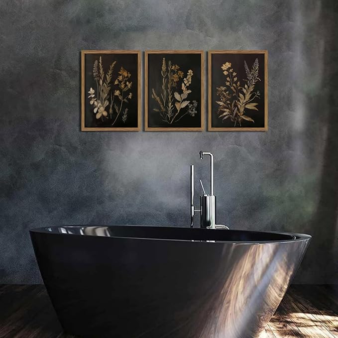 Framed Dark Botanical Wall Art Set of 3, Black Moody Floral Wall Decor Paintings, Dark Academia Decor, Vintage Flower Artwork Prints Pictures for Living Room Bedroom Bathroom 16x24 Inch