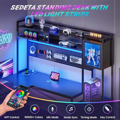 SEDETA L Shaped Gaming Desk with Drawers, Reversible Computer Corner Desk with File Drawer, Hutch, Storage Shelves for Home Office, Gaming Two Person Desk with Led Lights, Power Outlet, Black