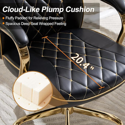 Black and Gold Office Desk Chair,Conference Room Chairs,Mid Back Vintage Executive Leather Chair,Ergonomic Computer Swivel Chair with Rocking Function and Padded Arms,Adjustable Height
