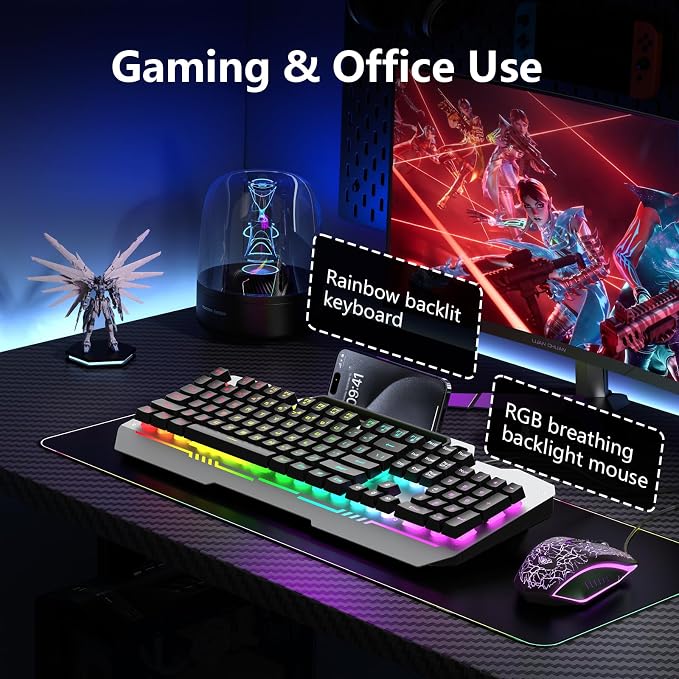 AULA Gaming Keyboard and Mouse,Wired 104-Key Mouse and Keyboard Combo Metal | Full Size Computer Keyboards with Number Pad,New Update Version,RGB Backlit Anti-Ghosting PC Keyboard for Laptop WinXP/7/8/10