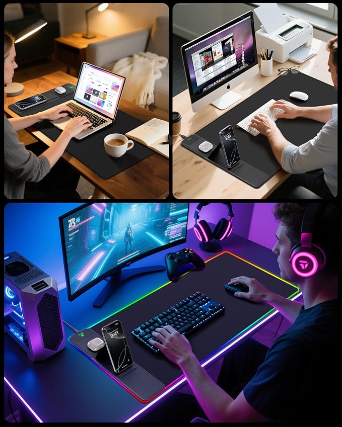 Wireless Charging Mouse Pad with Phone Stand, 31.5"x15.8" Large | Gaming Mousepad RGB Desk Mat, Smooth Glide, Stitched Edge, Non-Slip Rubber Base, Waterproof Keyboard Mat, with Adatper