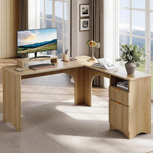 Bestier L Shaped Desk with File Drawer, 55.7" x 55" Office Computer Desk with Round Corners, Modern Desk with Monitor Stand & Fluted Panels for Home Office, Natural Oak