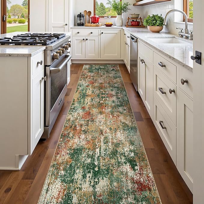 RELEANY Washable Area Rugs 2'x8' Non-Slip Modern Abstract Soft for Living Room Entryway Bedroom Kitchen, Print Pattern, Green Orange Rust Red Cream Colorful