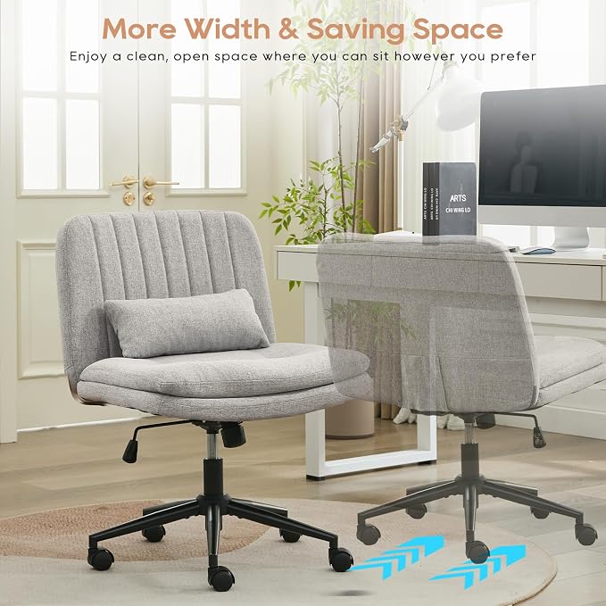 IPKIG Criss Cross Chair, Small Armless Desk Office Computer Chair with Wheels and Lumbar Pillow, Comfy Adjustable Swivel Task Vanity Chair Linen, Grey