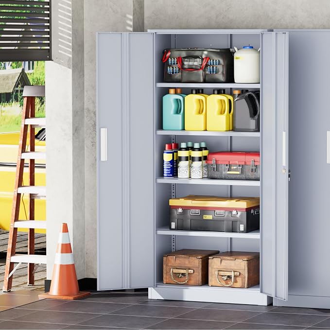 INTERGREAT Garage Storage Cabinet with Lock, 72" Metal Storage Cabinet with Locking Doors and 4 Adjustable Shelves, Lockable Tool Steel Cabinet for Home Office, School, Cement Grey