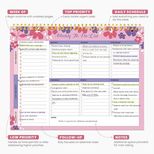 Weekly To Do List Notepad with 52 Undated Sheets（8.5"×11"）- Undated Weekly Planner Notepad for Office Desk Accessories and Supplies - Petal Pink
