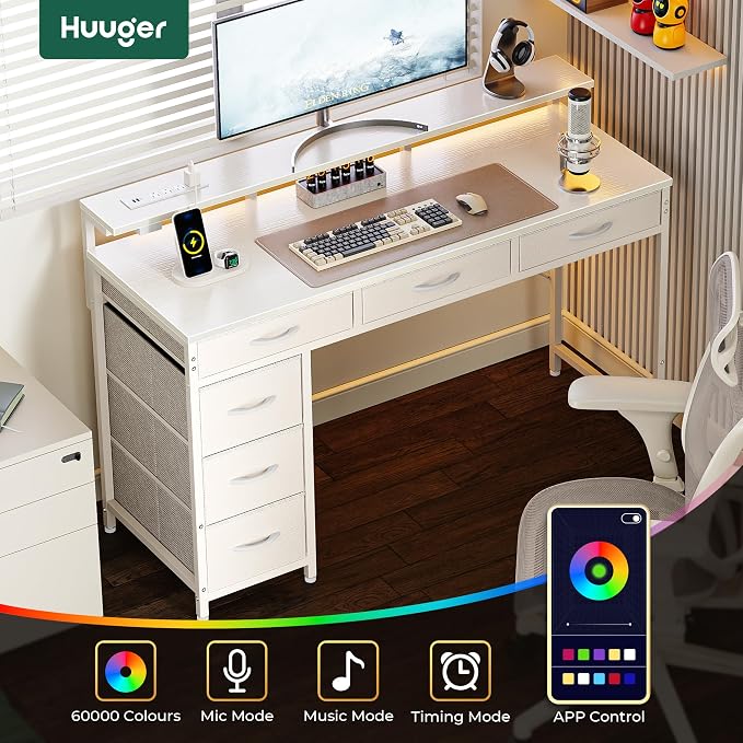 Huuger Gaming Desk with 6 Drawers, Computer Desk with LED Lights Power Outlets and Type-C, 47 Inch Office Table with Storage, Monitor Stand, Writing & Work Home Office, Bedroom, Study, White