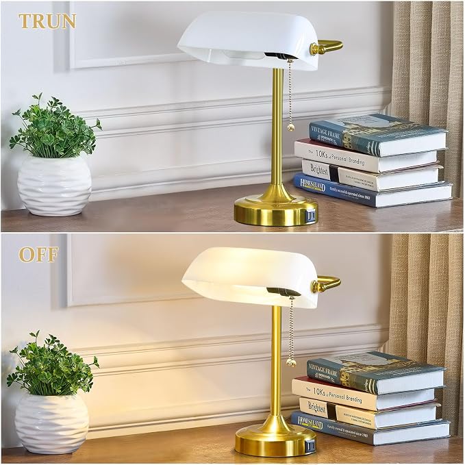 Vintage Desk Lamp Bankers Lamp - Plastic Lampshade Retro Table Lamp with USB & Type C Charging Ports Traditional Library Lamp for Home Office Nightstand Bedroom Side Table Lamp(T45 Bulb Included)