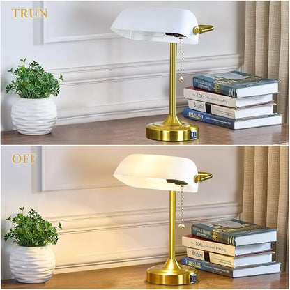 Vintage Desk Lamp Bankers Lamp - Plastic Lampshade Retro Table Lamp with USB & Type C Charging Ports Traditional Library Lamp for Home Office Nightstand Bedroom Side Table Lamp(T45 Bulb Included)