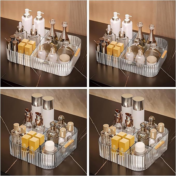 DASITON Large Capacity Makeup Organizer,12 Slots Makeup Brush Holder,Makeup Storage with Handle,Vintage Striped Cosmetic Organizer for Bathroom Countertops,Desk Storage Container(Clear)