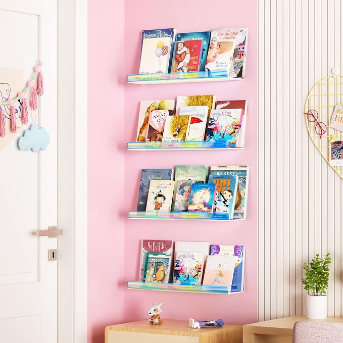 upsimples Acrylic Shelves for Wall Decor, 15" Display Shelf for Perfume, Skincare, Nail Polish, Wall Organizer for Bathroom, Bedroom, Living Room, Playroom, Kids Bookshelf, Iridescent, 4 Pack
