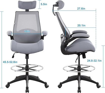 BOLISS 400lbs High Back Computer Office Drafting Chair Flip up Armrests Lumbar Support Adjustable Big Footrest Ring (Grey)