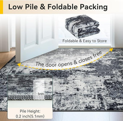 RELEANY Washable Area Rugs 3'x5' Non-Slip Modern Abstract Soft for Living Room Entryway Bedroom Kitchen, Print Pattern, Black Navy Blue Gray