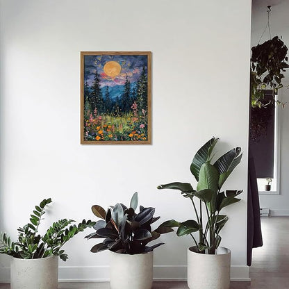 Framed Nature Forest Canvas Wall Art, Full Moon above Wildflowers and Woodland Painting, Midnight Floral Trees Art Print, Farmhouse Nature Wall Decor for Bedroom Living Room 8x10 inch