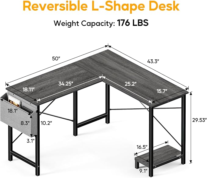 L Shaped Desk Gaming Computer 50 Inch Corner Desks Work Table for Writing Study Student with Wood Tabletop Metal Frame CPU Stand Side Bag for Home Office Small Place, Grey