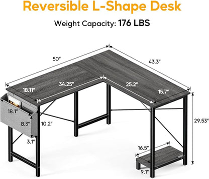 L Shaped Desk Gaming Computer 50 Inch Corner Desks Work Table for Writing Study Student with Wood Tabletop Metal Frame CPU Stand Side Bag for Home Office Small Place, Grey