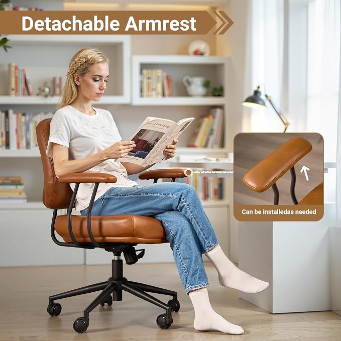Ergonomic Home Office Chair, Mid-Century PU Leather Home Office Desk Chairs with Wheels, Office Computer Chair with Rocking Swivel (Brown,PU Leather)